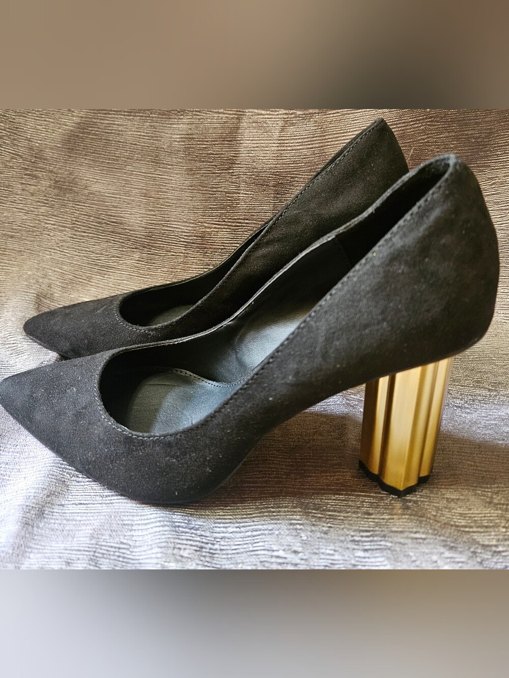 Katy Perry Black Suede Pump with Gold Block Heel